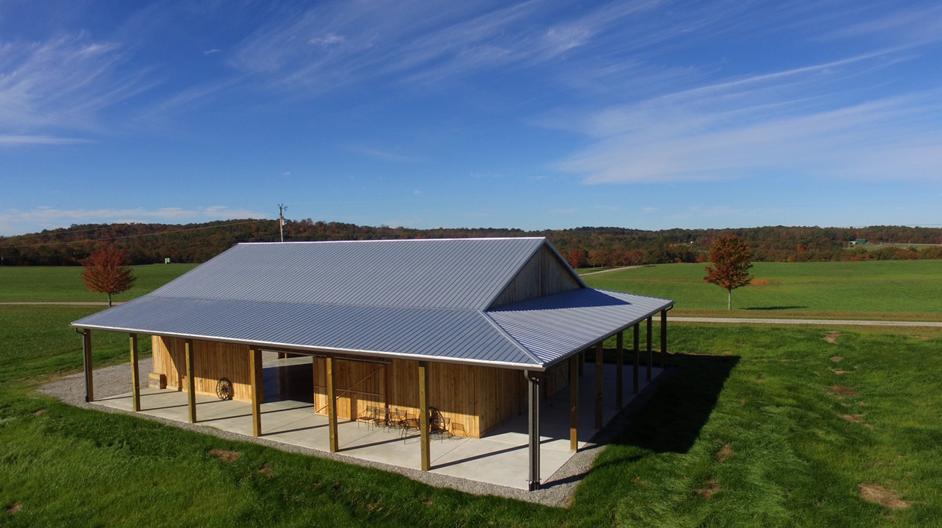 Watershed Farm's rustic 4500 square foot barn with covered patio seating on 3 sides boasting the beautiful views